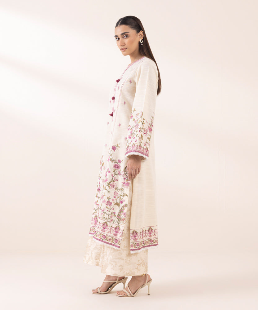 Women's Pret Solid Embroidered Cream White Zari Khaddar A Line Shirt