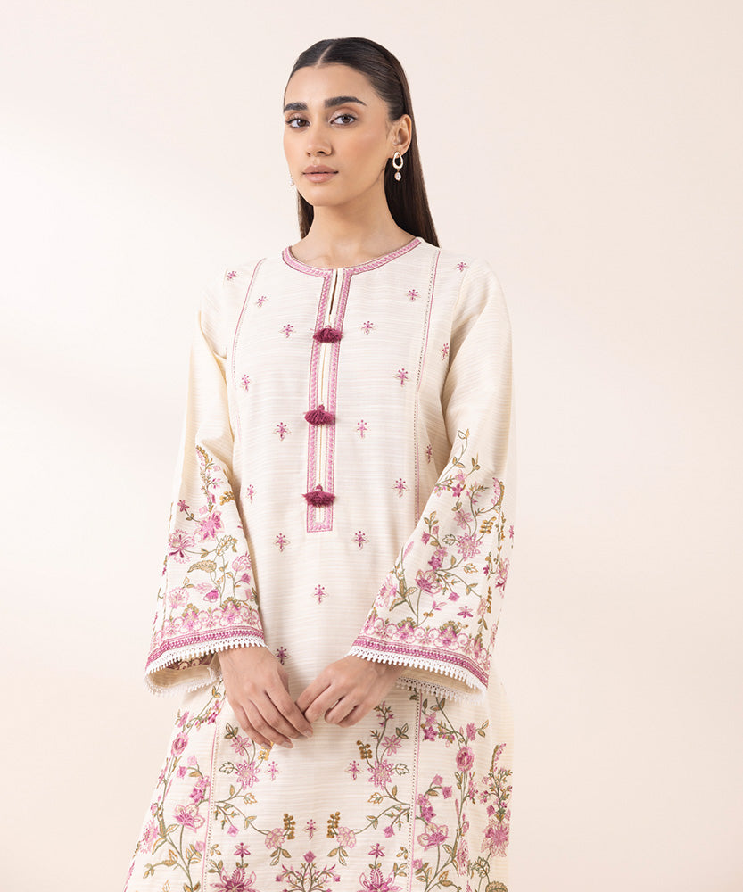 Women's Pret Solid Embroidered Cream White Zari Khaddar A Line Shirt