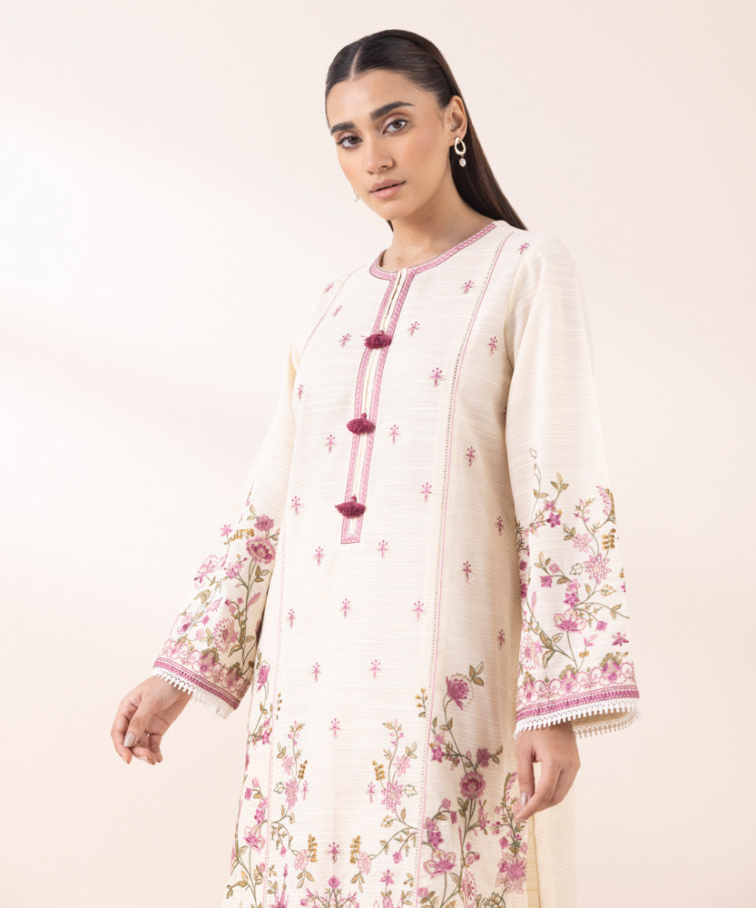 Women's Pret Solid Embroidered Cream White Zari Khaddar A Line Shirt