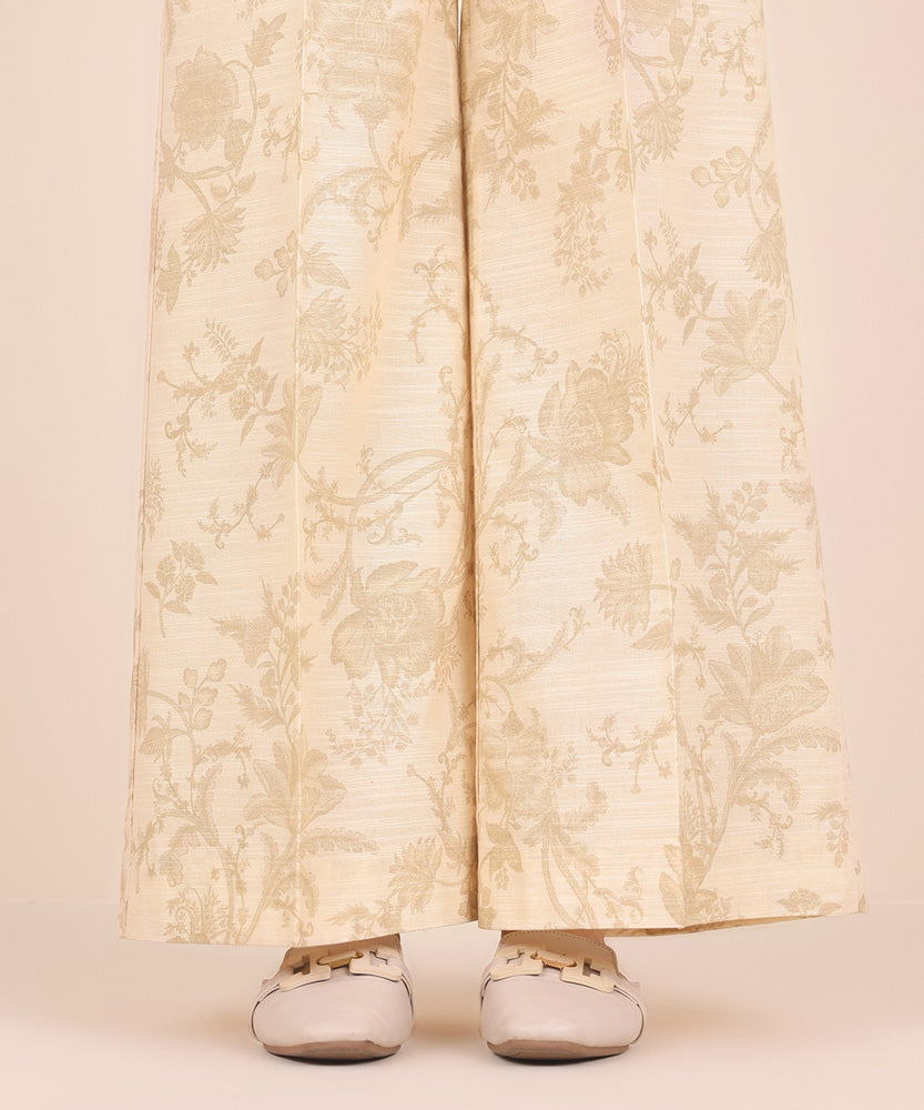 Women's Pret Printed Cream White Khaddar Flared Trousers