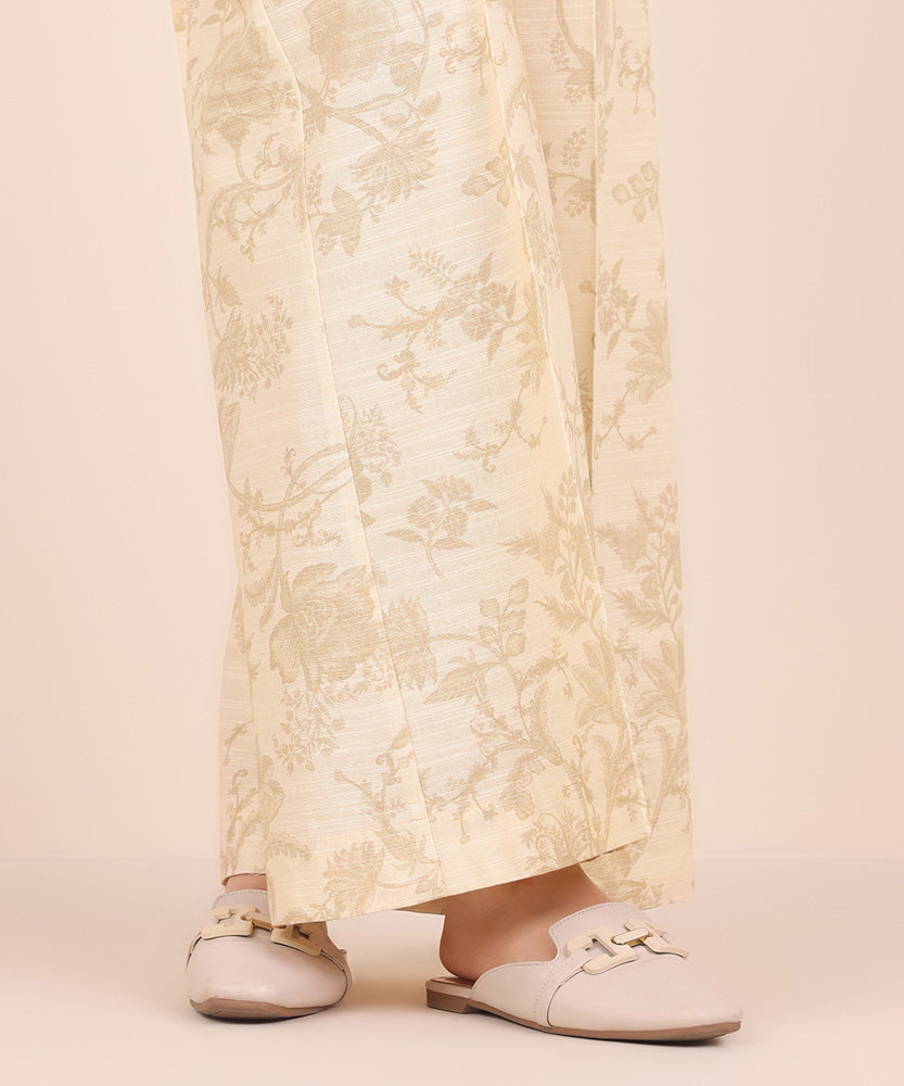 Women's Pret Printed Cream White Khaddar Flared Trousers