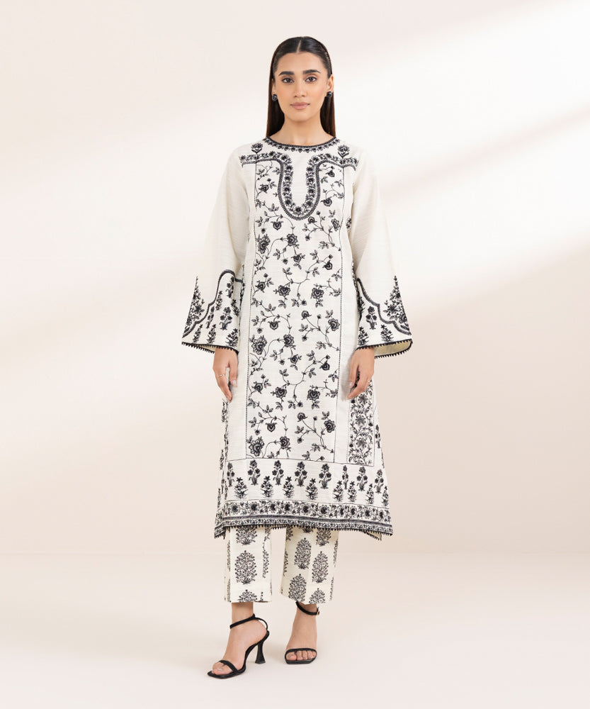 Women's Pret Solid Embroidered Off White Zari Khaddar A Line Shirt