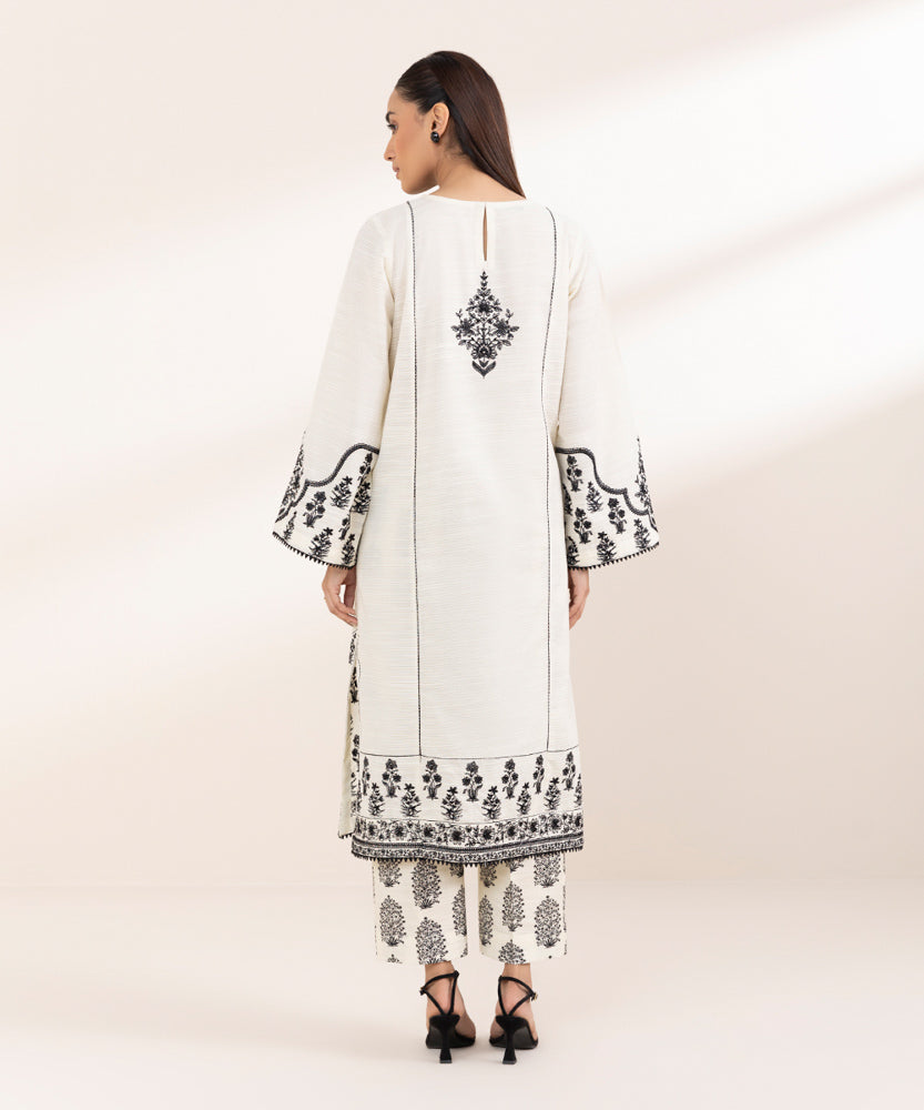 Women's Pret Solid Embroidered Off White Zari Khaddar A Line Shirt