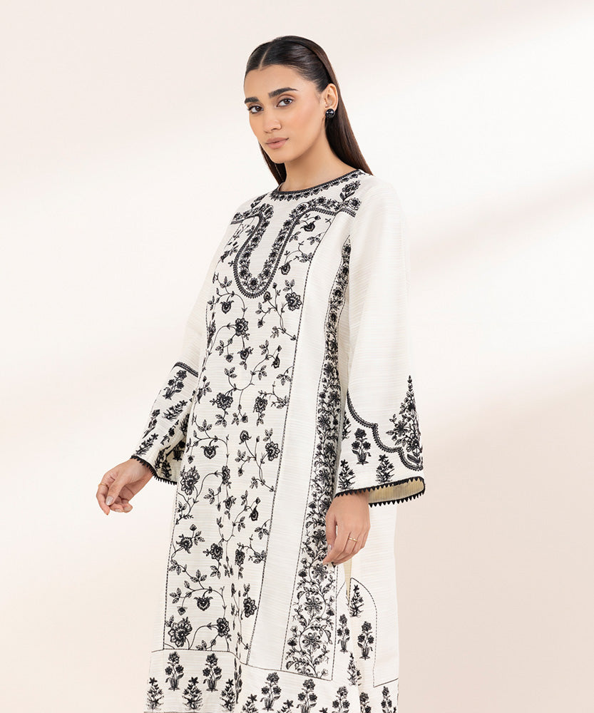 Women's Pret Solid Embroidered Off White Zari Khaddar A Line Shirt