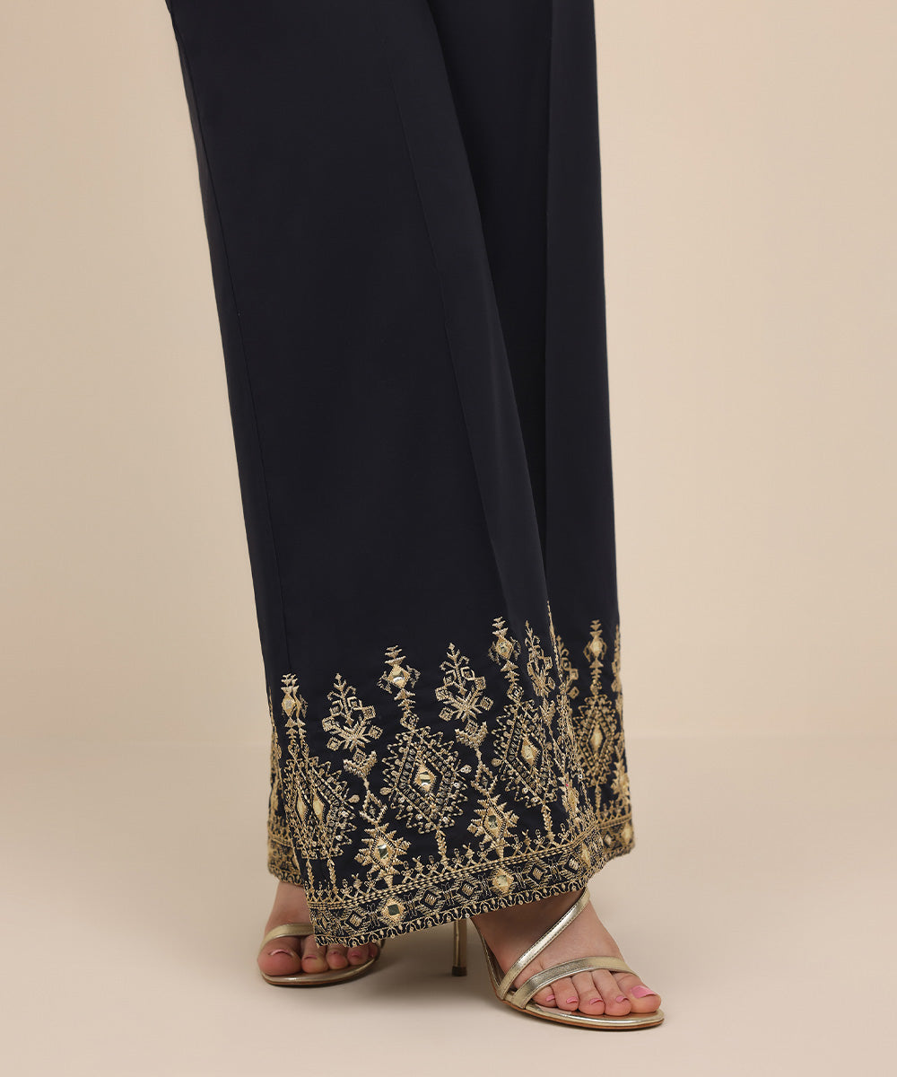 Women's Pret Cambric Blue Embroidered Flared Pants