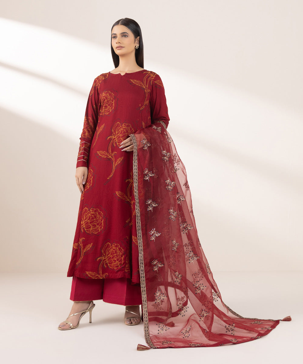 Blended Organza Red Embroidered Dupatta