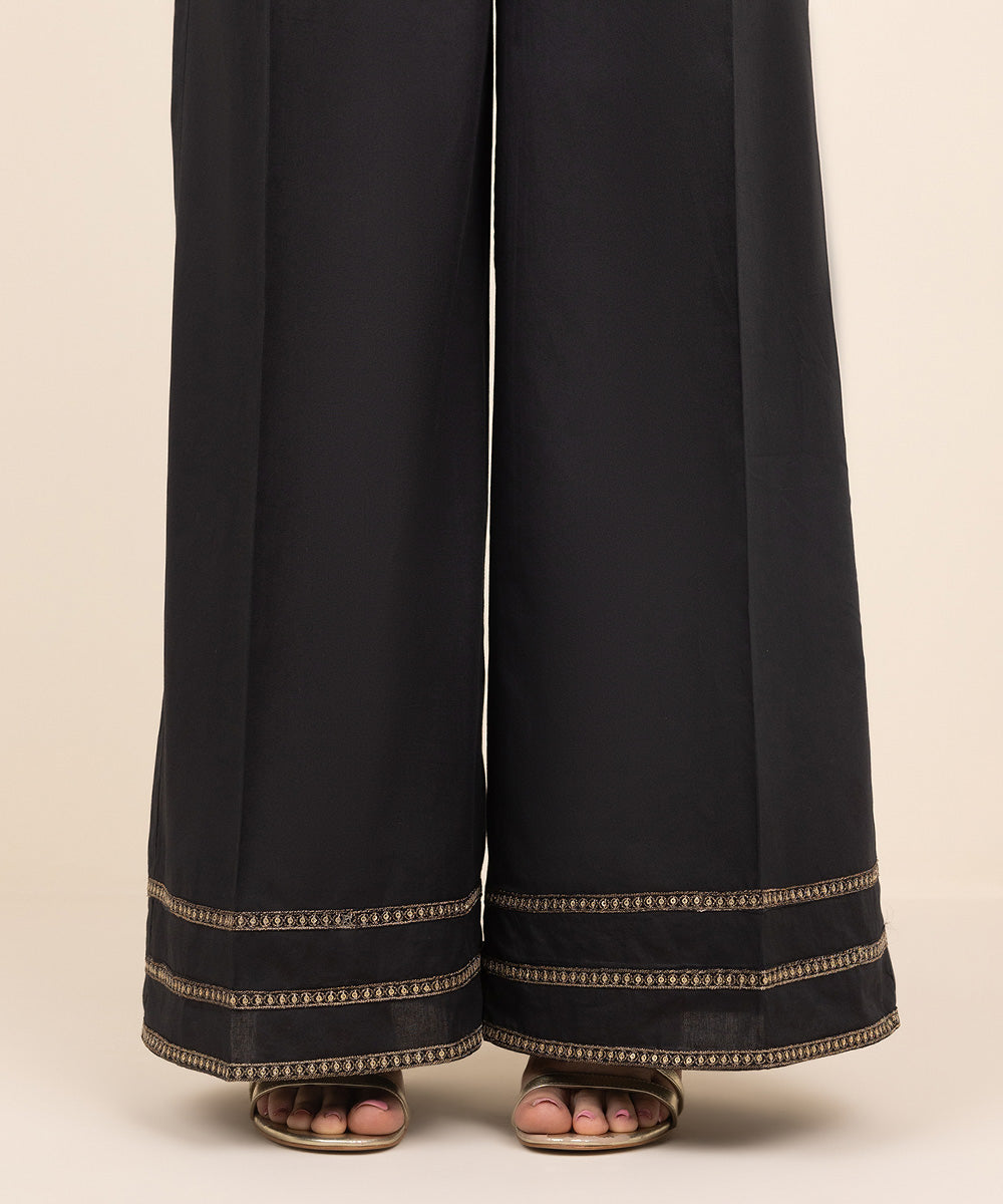 Women's Pret Cambric Black Embroidered Flared Pants