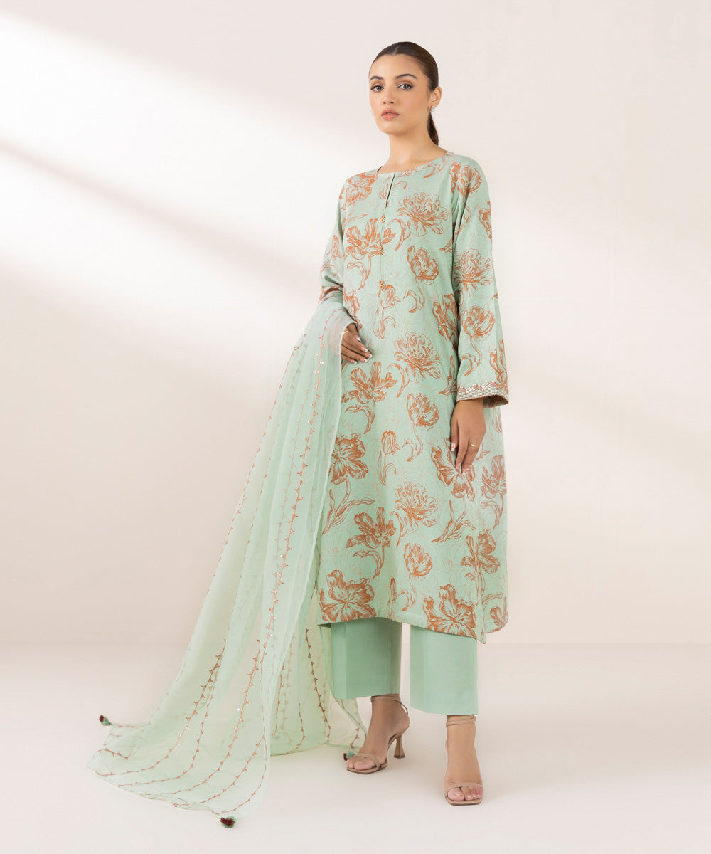 Blended Organza Green Embroidered Dupatta