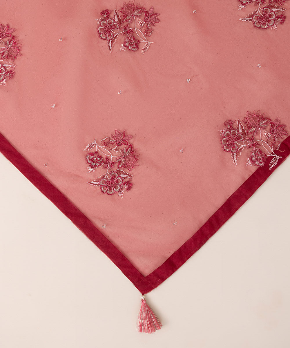 Blended Organza Red Embroidered Dupatta