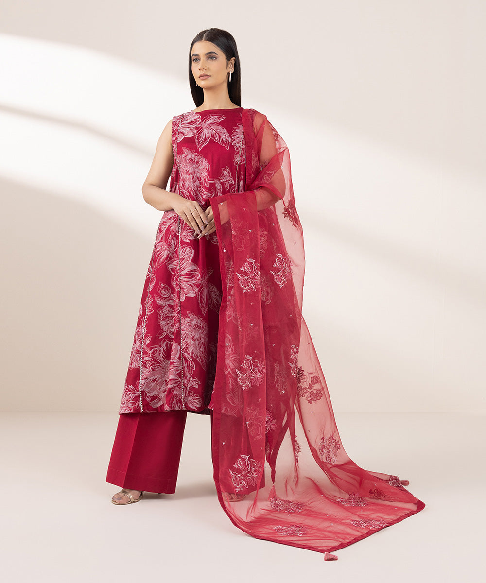 Blended Organza Red Embroidered Dupatta