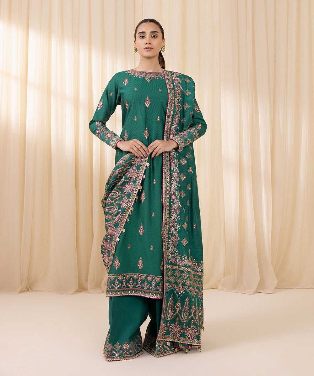 Women's Unstitched Forest Green Cotton Net Three Piece Suit