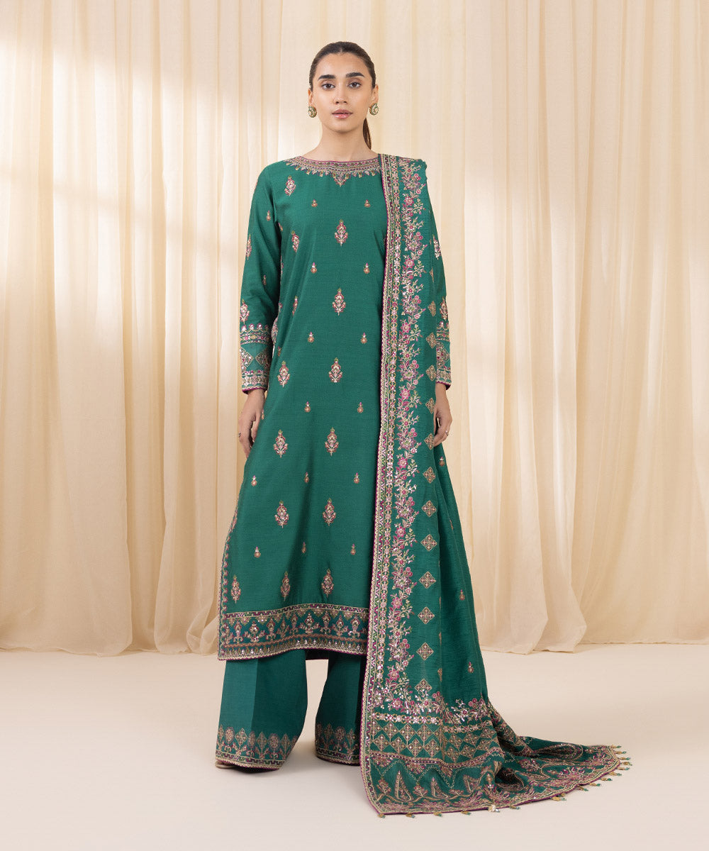 Women's Unstitched Forest Green Cotton Net Three Piece Suit