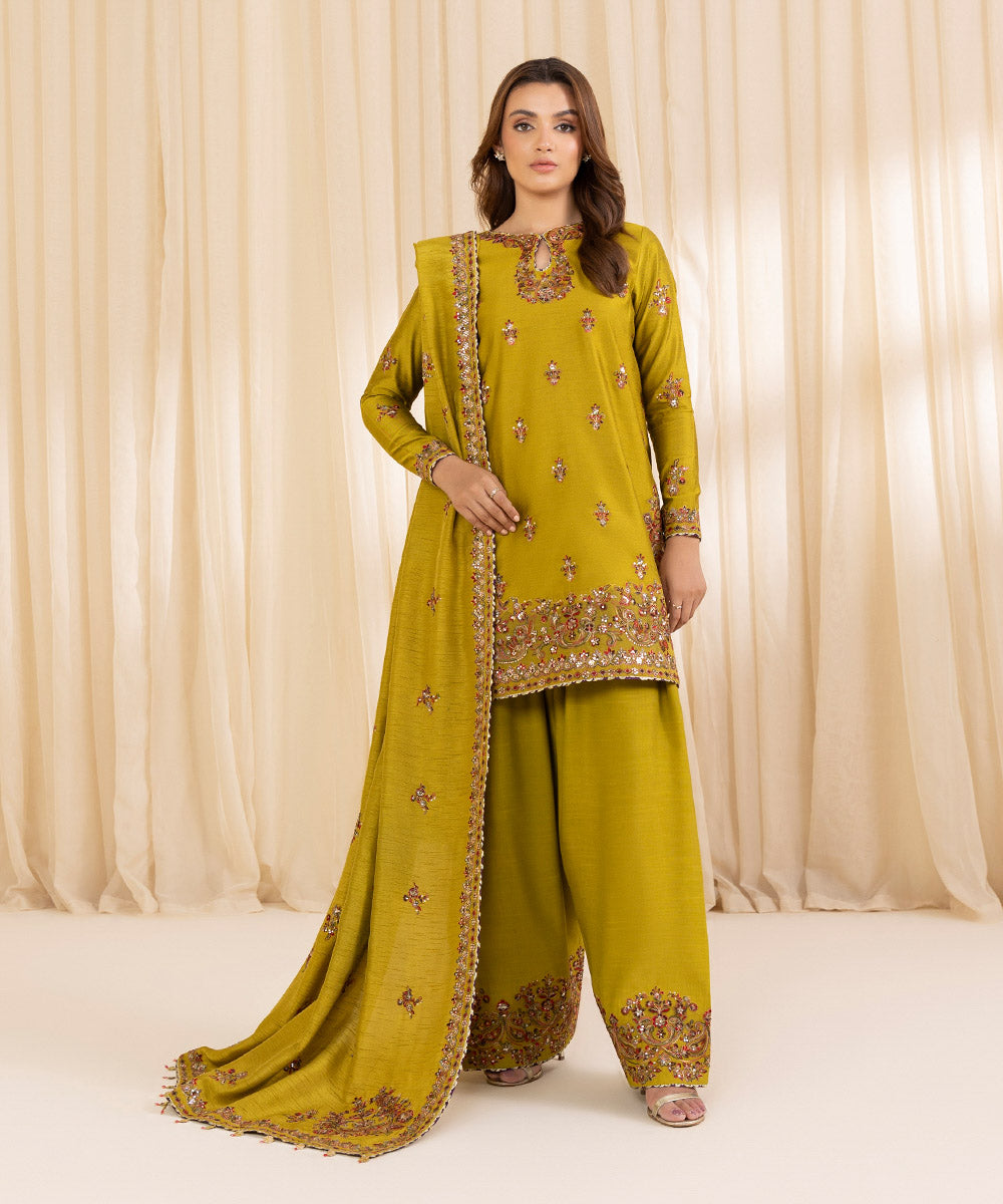 Women's Unstitched Lime Green Cotton Net Three Piece Suit