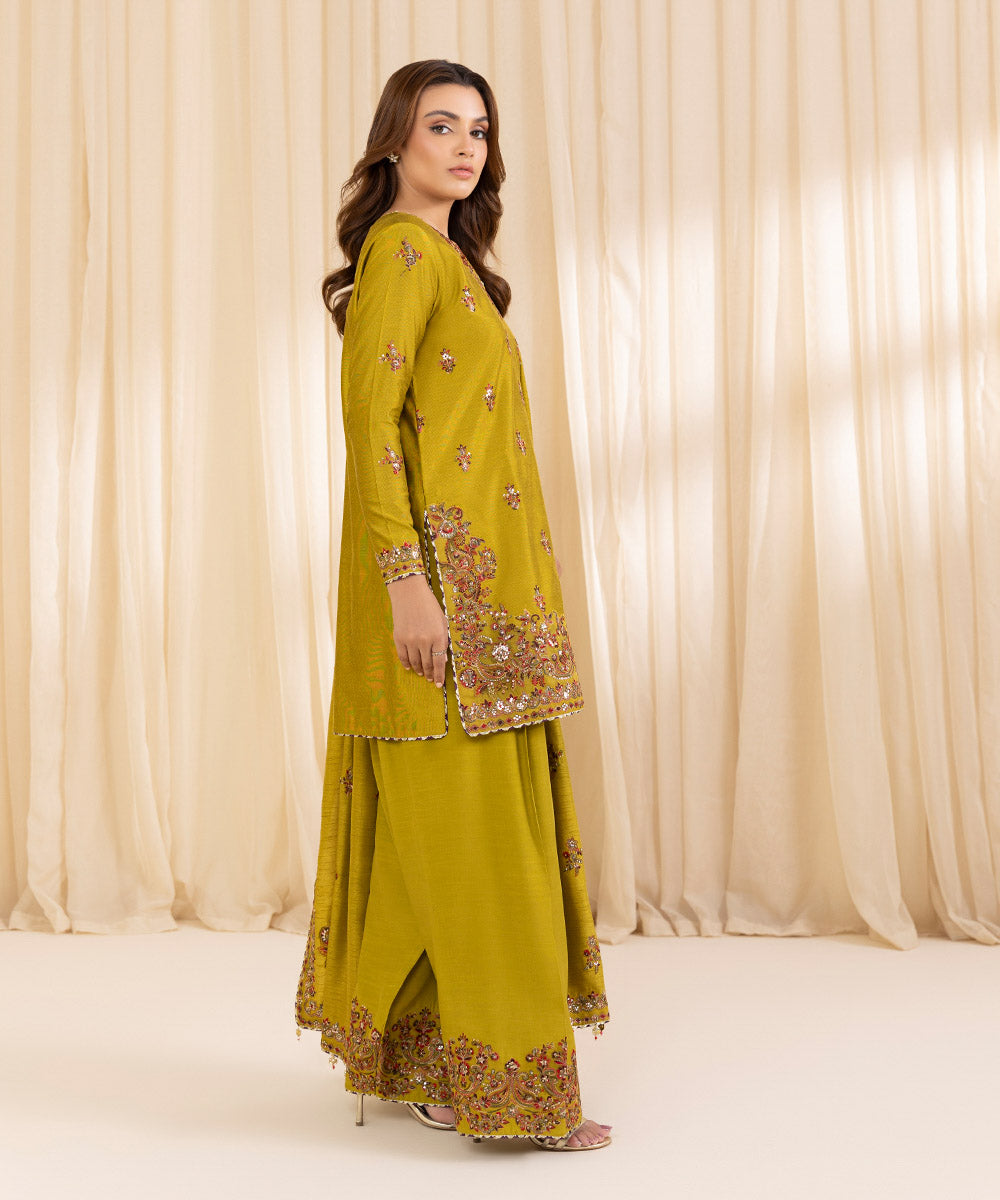 Women's Unstitched Lime Green Cotton Net Three Piece Suit