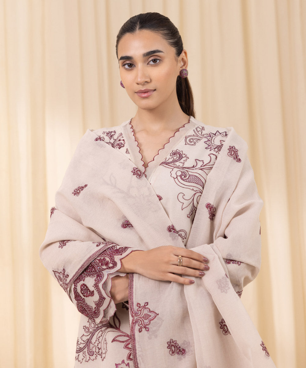 Women's Unstitched Off-white And Maroon Blended Textured Karandi Three Piece Suit