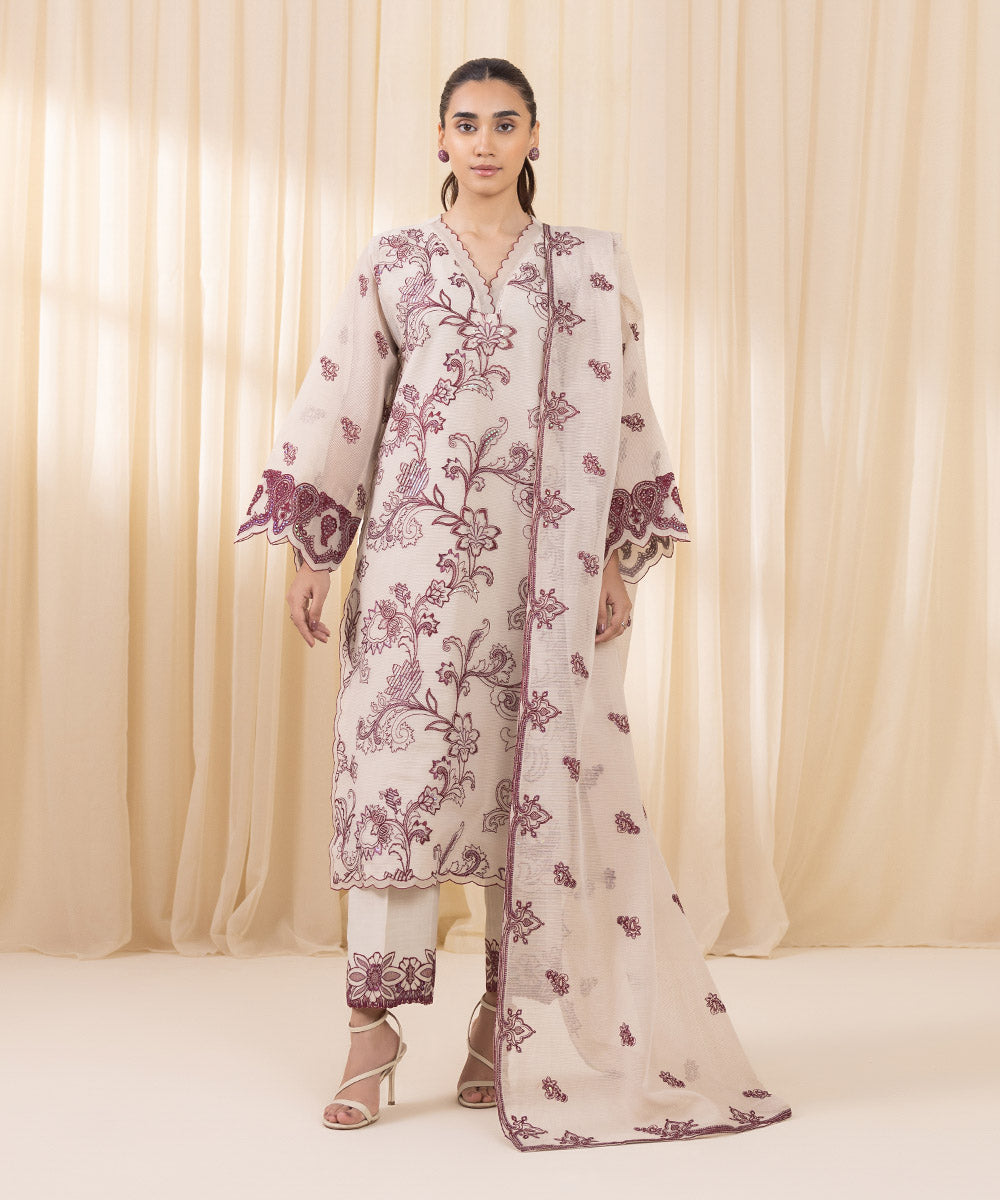 Women's Unstitched Off-white And Maroon Blended Textured Karandi Three Piece Suit