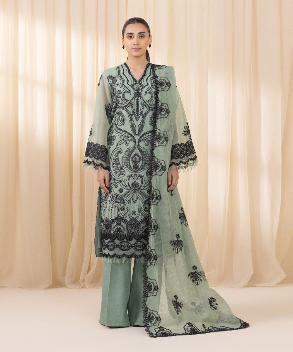 Women's Unstitched Mint Green And Black Blended Textured Karandi Three Piece Suit