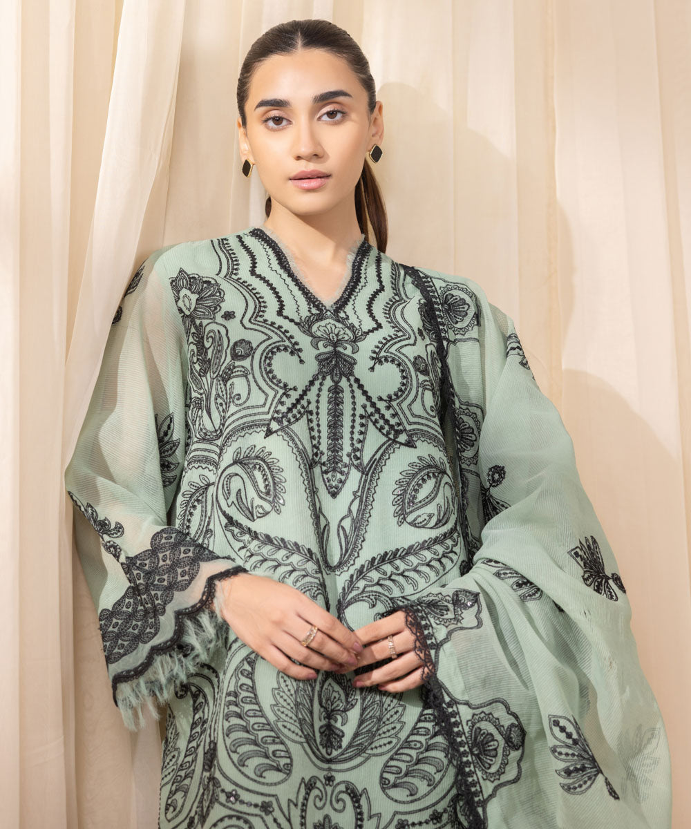 Women's Unstitched Mint Green And Black Blended Textured Karandi Three Piece Suit