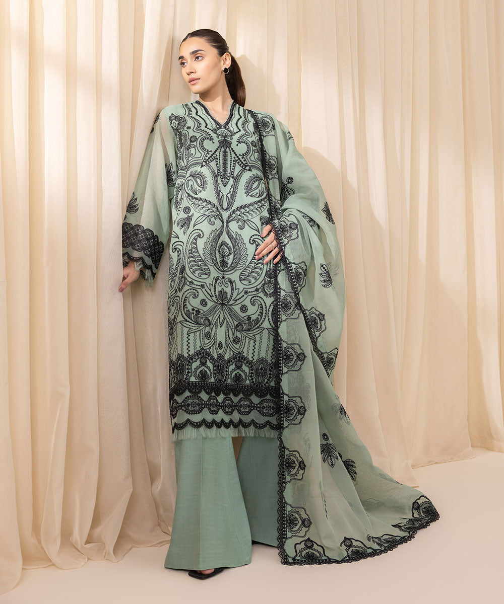 Women's Unstitched Mint Green And Black Blended Textured Karandi Three Piece Suit