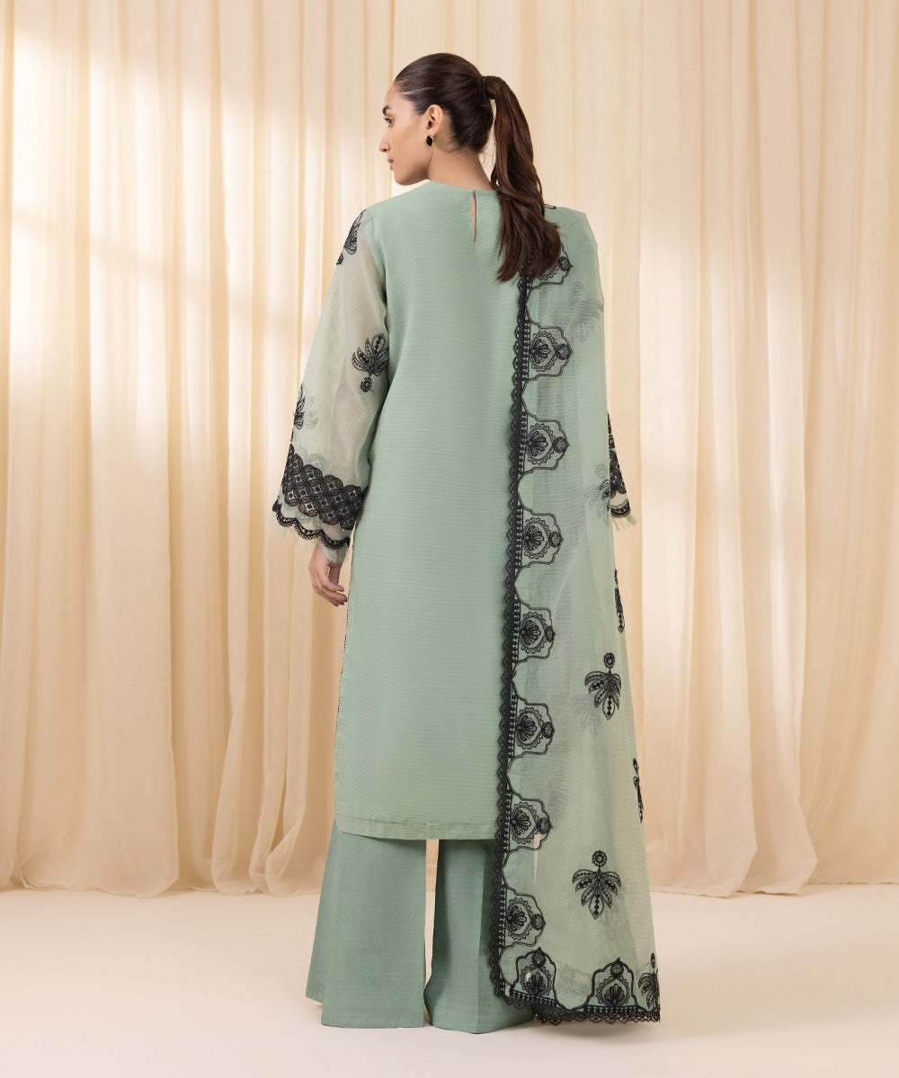 Women's Unstitched Mint Green And Black Blended Textured Karandi Three Piece Suit