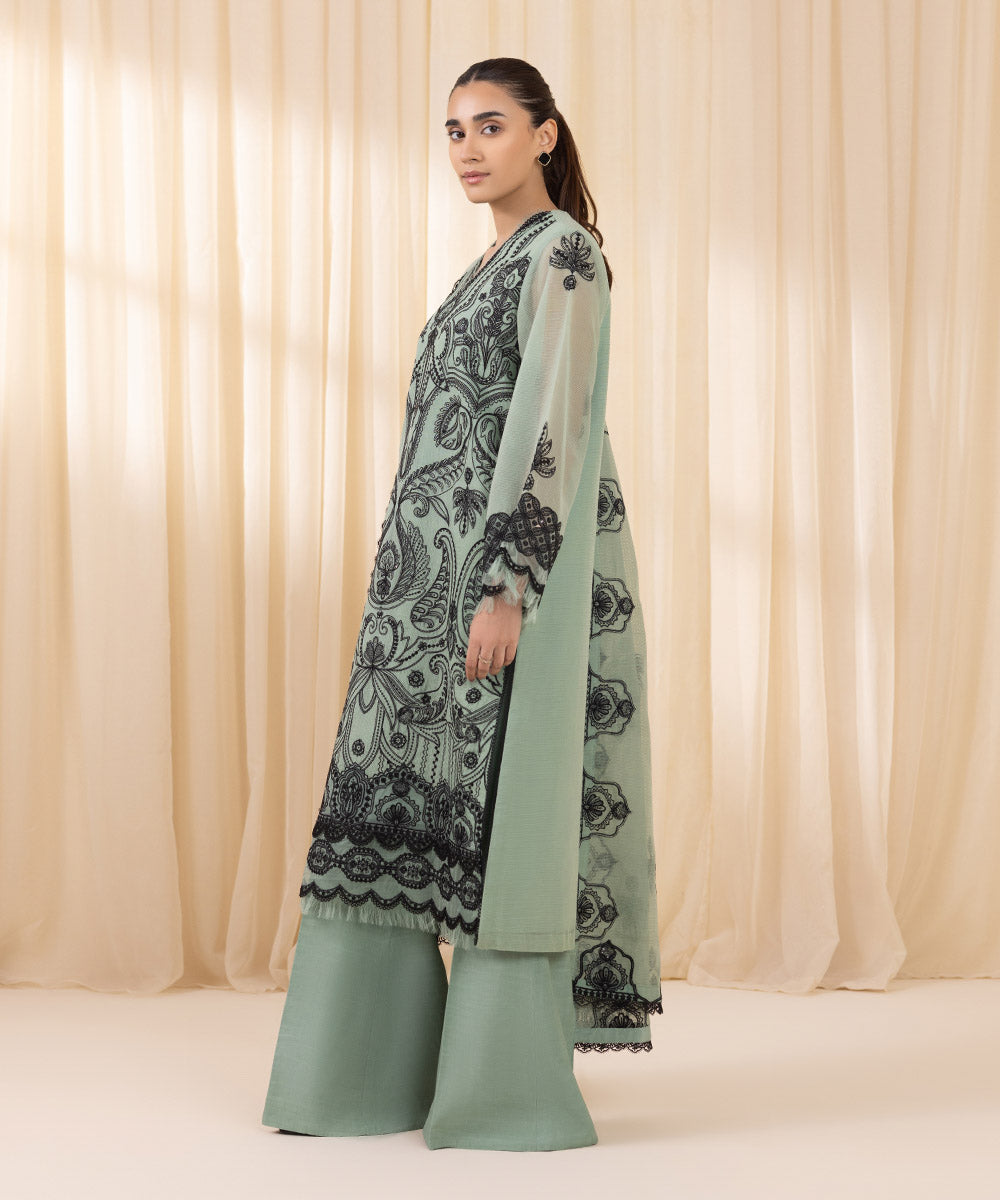 Women's Unstitched Mint Green And Black Blended Textured Karandi Three Piece Suit