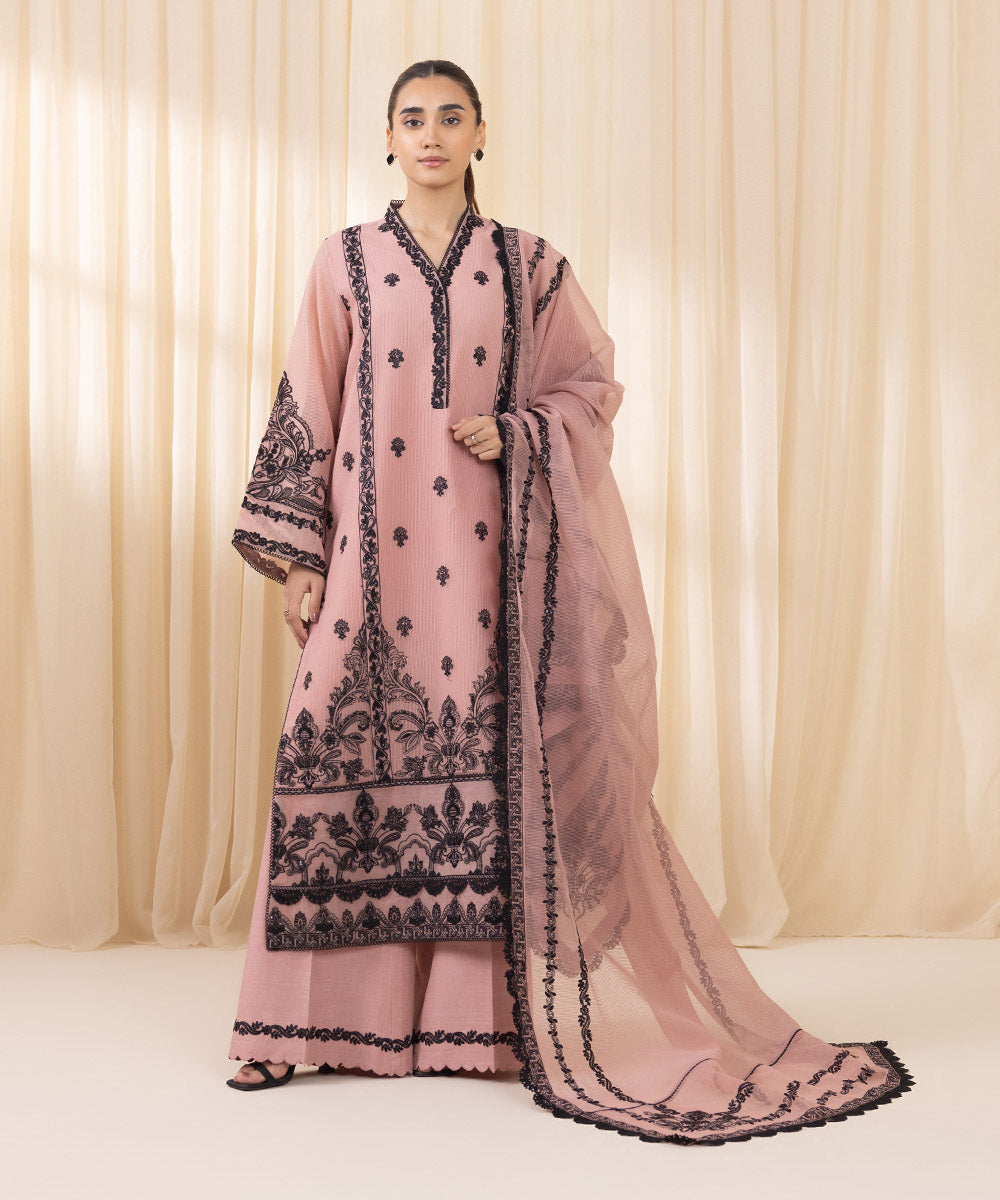 Women's Unstitched Blush Pink And Black Blended Textured Karandi Three Piece Suit