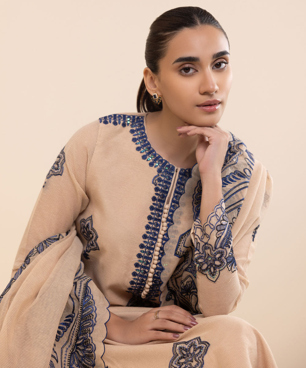 Women's Unstitched Beige And Navy Blue Blended Textured Karandi Three Piece Suit