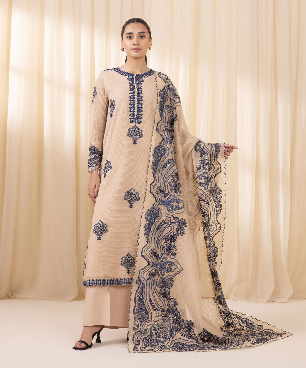 Women's Unstitched Beige And Navy Blue Blended Textured Karandi Three Piece Suit