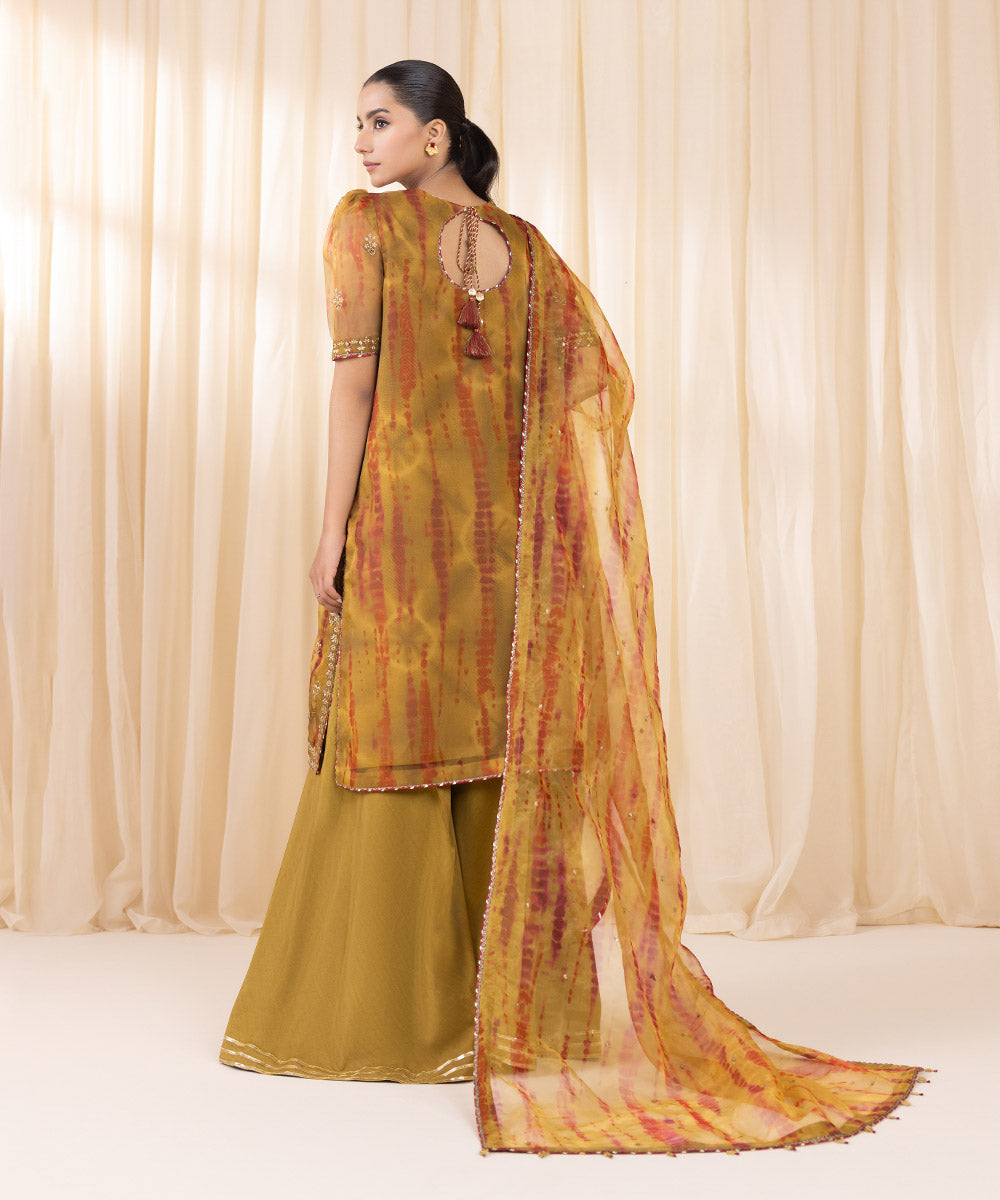 Women's Unstitched Mustard Yellow Blended Organza Three Piece Suit