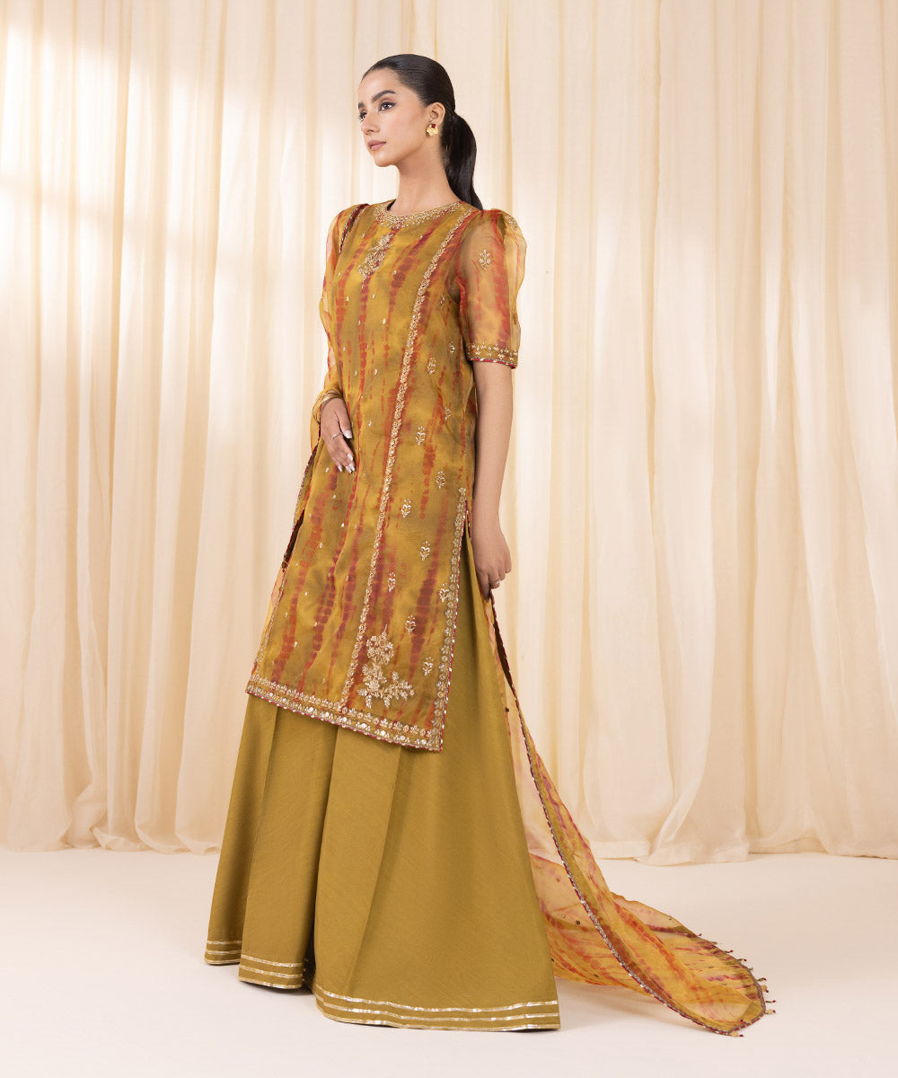 Women's Unstitched Mustard Yellow Blended Organza Three Piece Suit