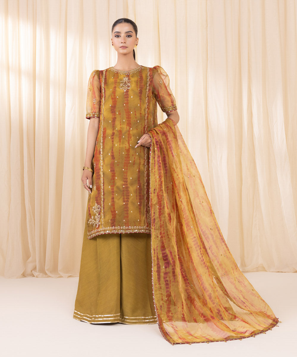 Women's Unstitched Mustard Yellow Blended Organza Three Piece Suit