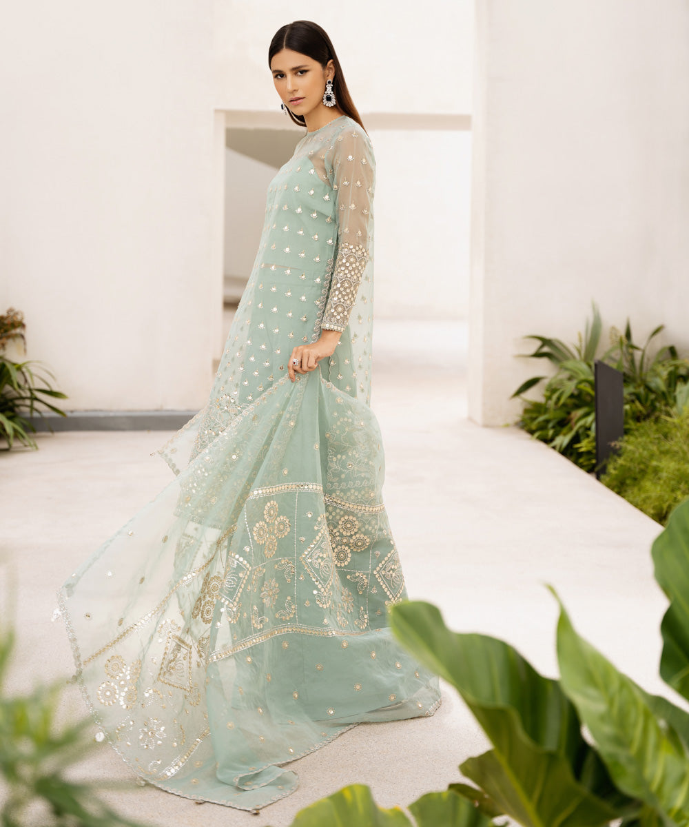 Women's Unstitched Embroidered Blended Organza Blue 3 Piece Suit