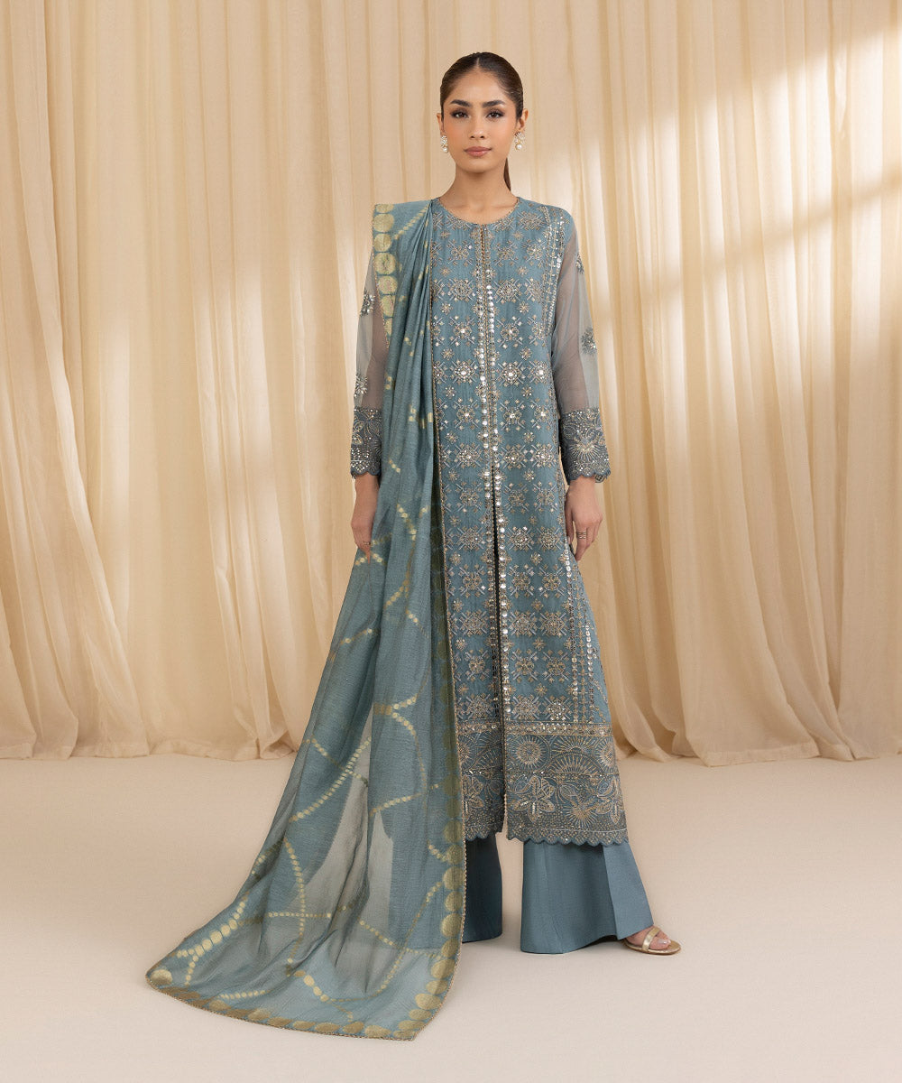 Women's Unstitched Organza Blue 3 Piece Suit