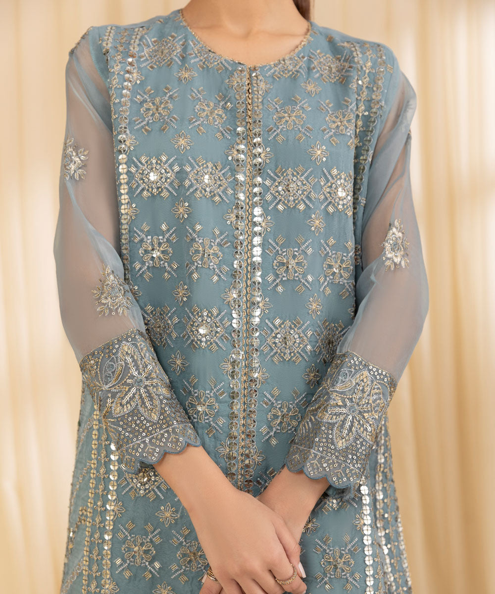 Women's Unstitched Organza Blue 3 Piece Suit