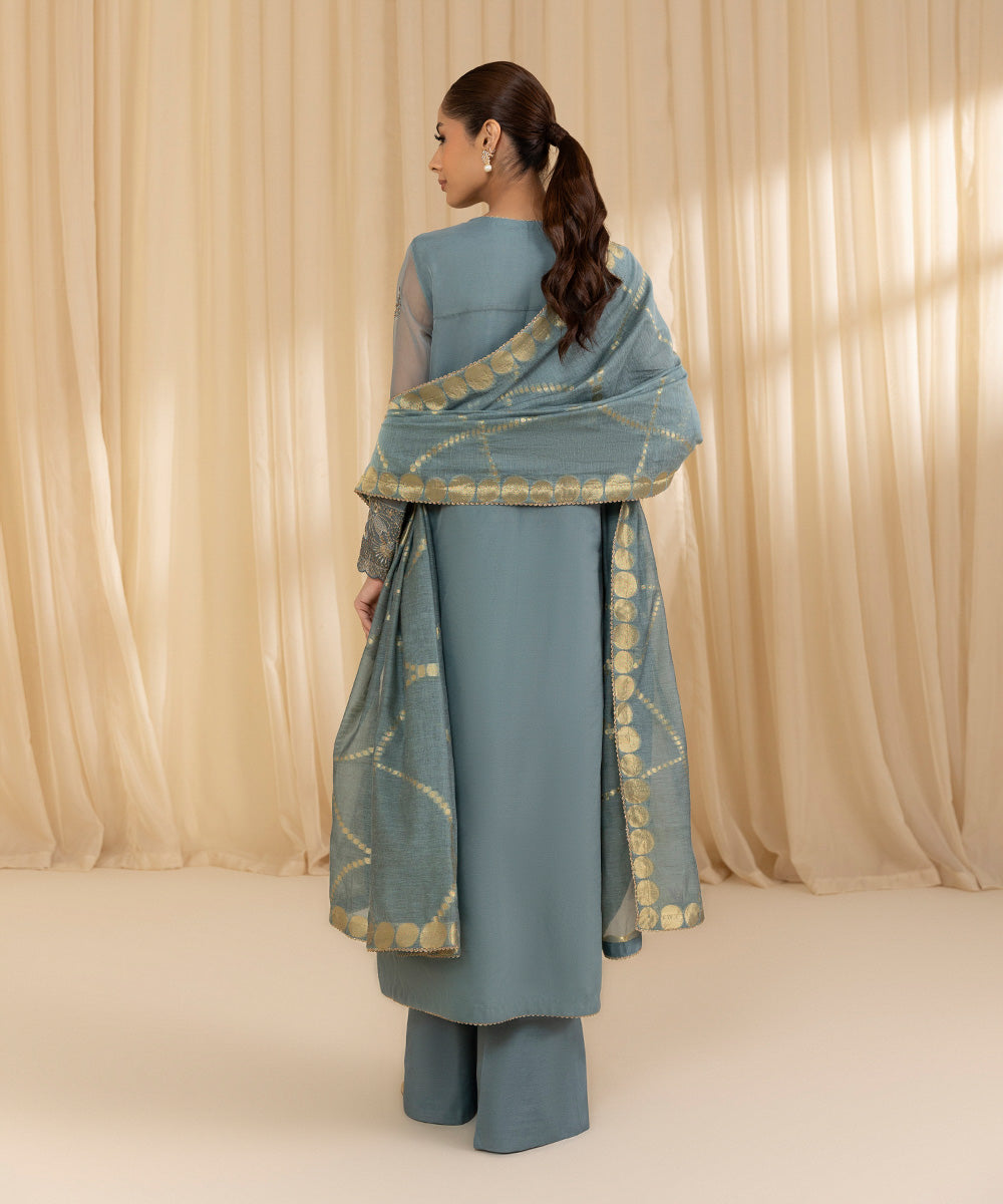 Women's Unstitched Organza Blue 3 Piece Suit