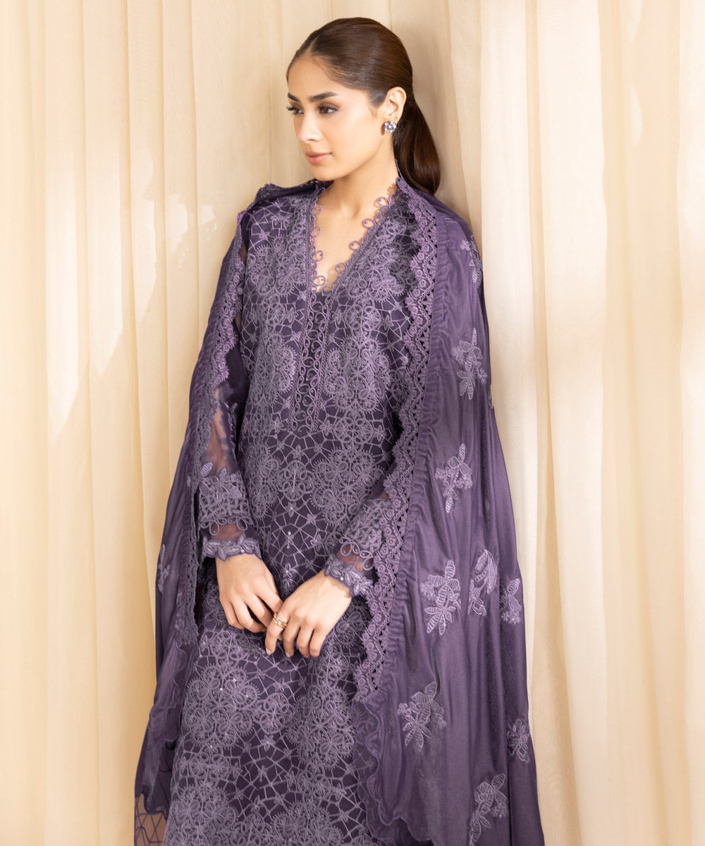 Women's Unstitched Organza Purple 3 Piece Suit