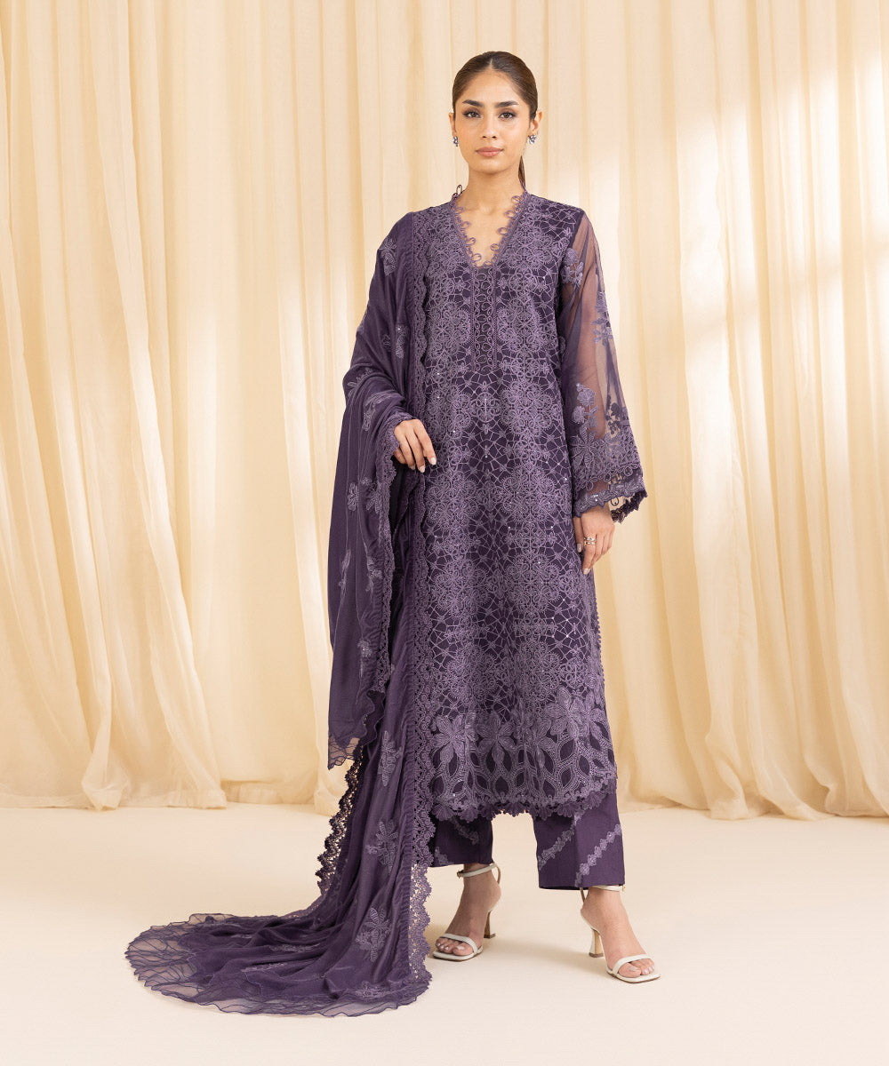 Women's Unstitched Organza Purple 3 Piece Suit