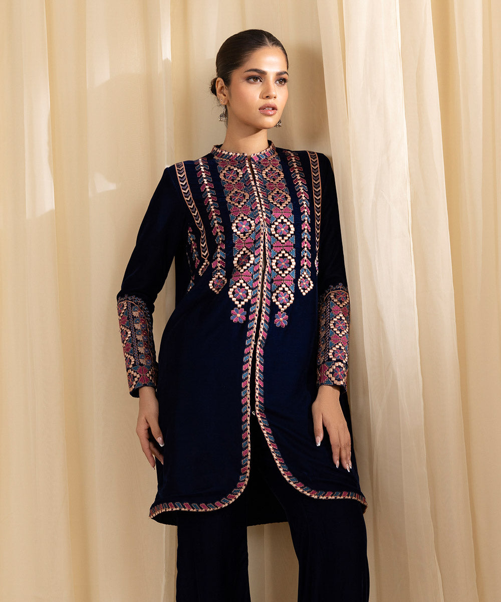 Women's Unstitched Embroidered Velvet Blue 2 Piece Suit