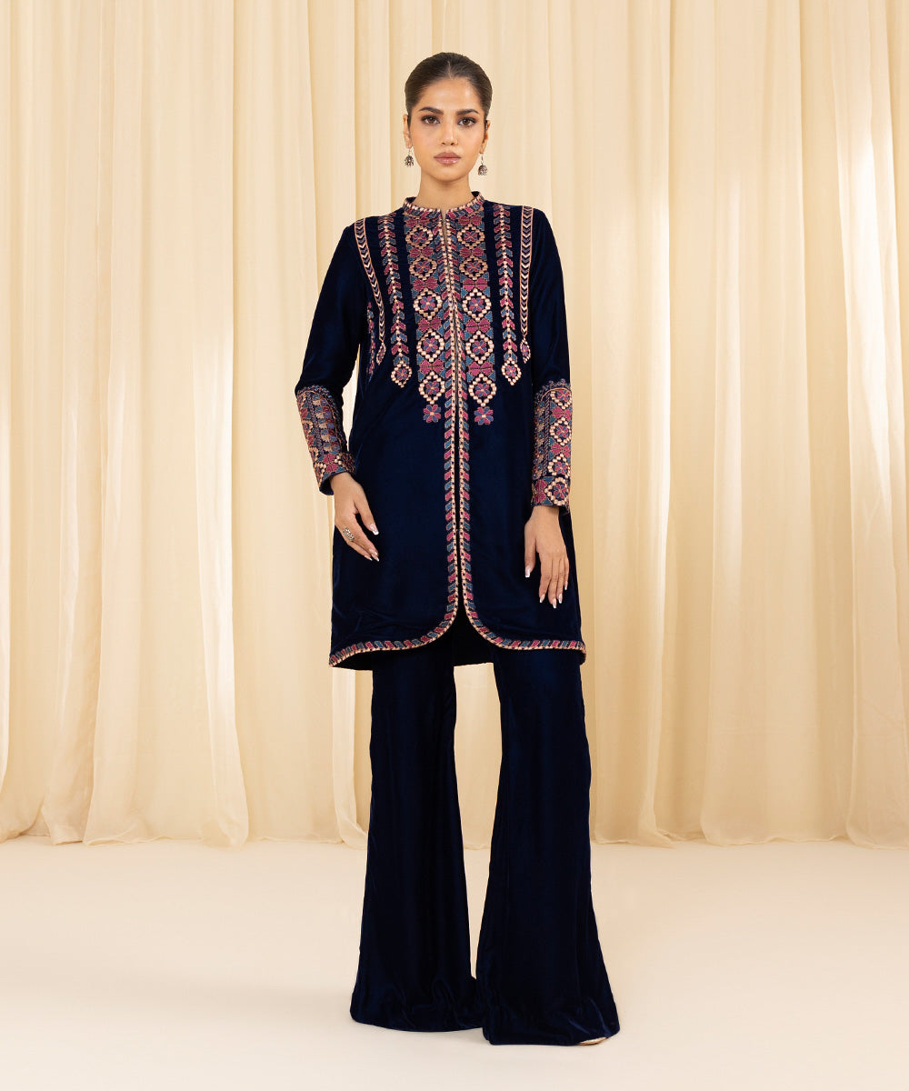 Women's Unstitched Embroidered Velvet Blue 2 Piece Suit