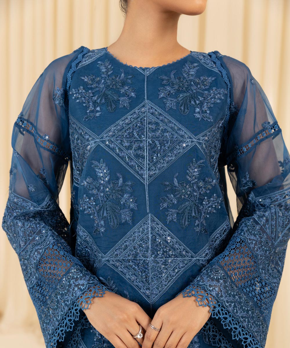 Women's Unstitched Embroidered Blended Organza Blue 3 Piece Suit