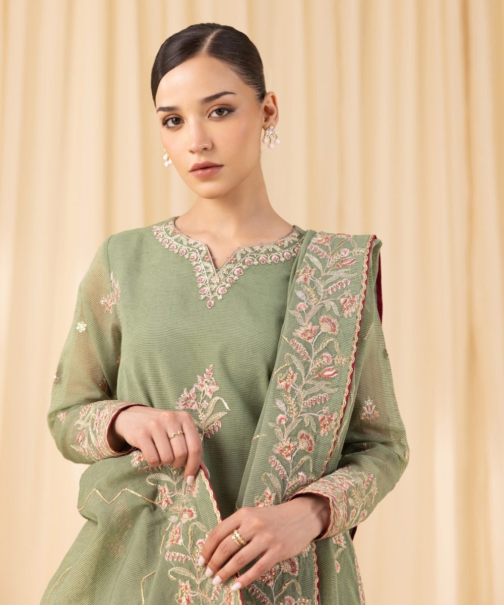 Women's Unstitched Embroidered Blended Textured Karandi Green 3 Piece Suit