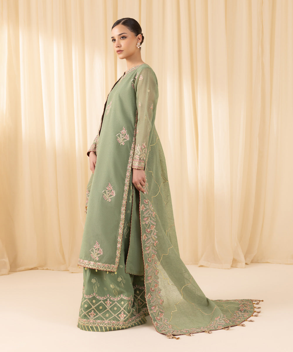 Women's Unstitched Embroidered Blended Textured Karandi Green 3 Piece Suit