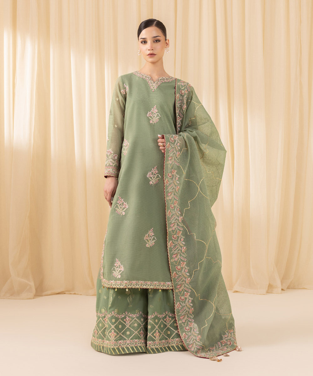 Women's Unstitched Embroidered Blended Textured Karandi Green 3 Piece Suit