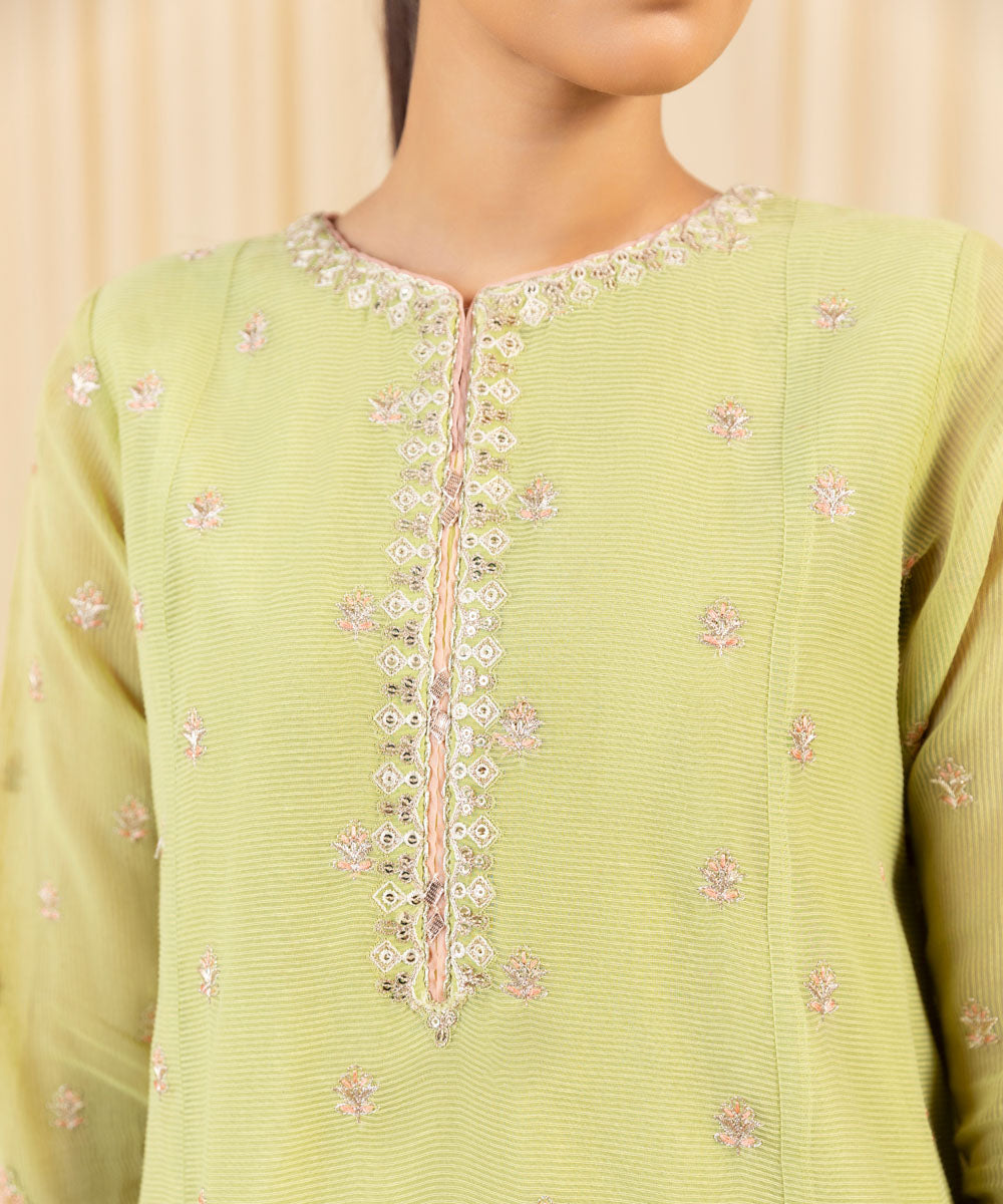 Women's Unstitched Embroidered Blended Textured Karandi Green 3 Piece Suit