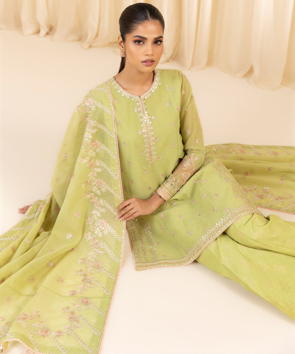 Women's Unstitched Embroidered Blended Textured Karandi Green 3 Piece Suit