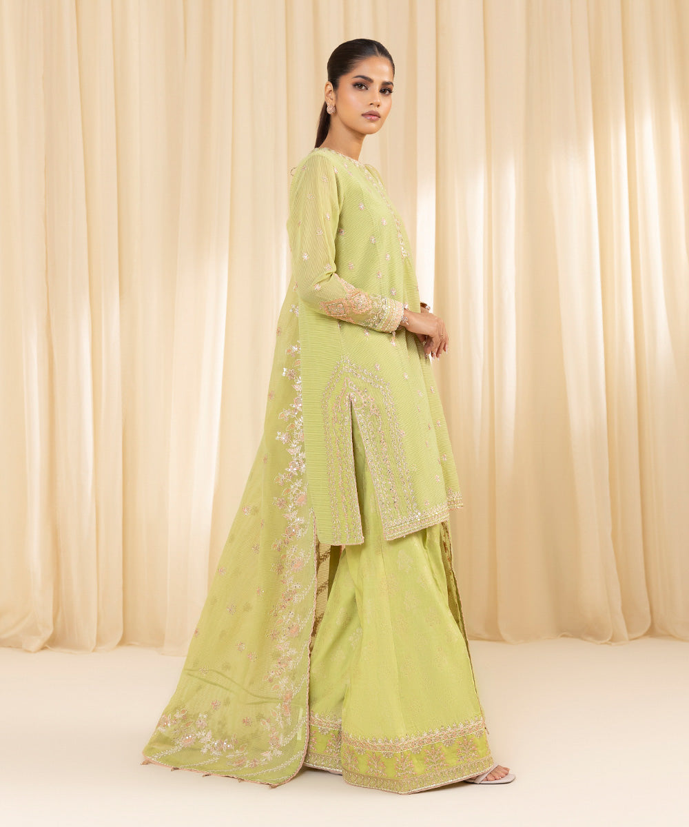 Women's Unstitched Embroidered Blended Textured Karandi Green 3 Piece Suit