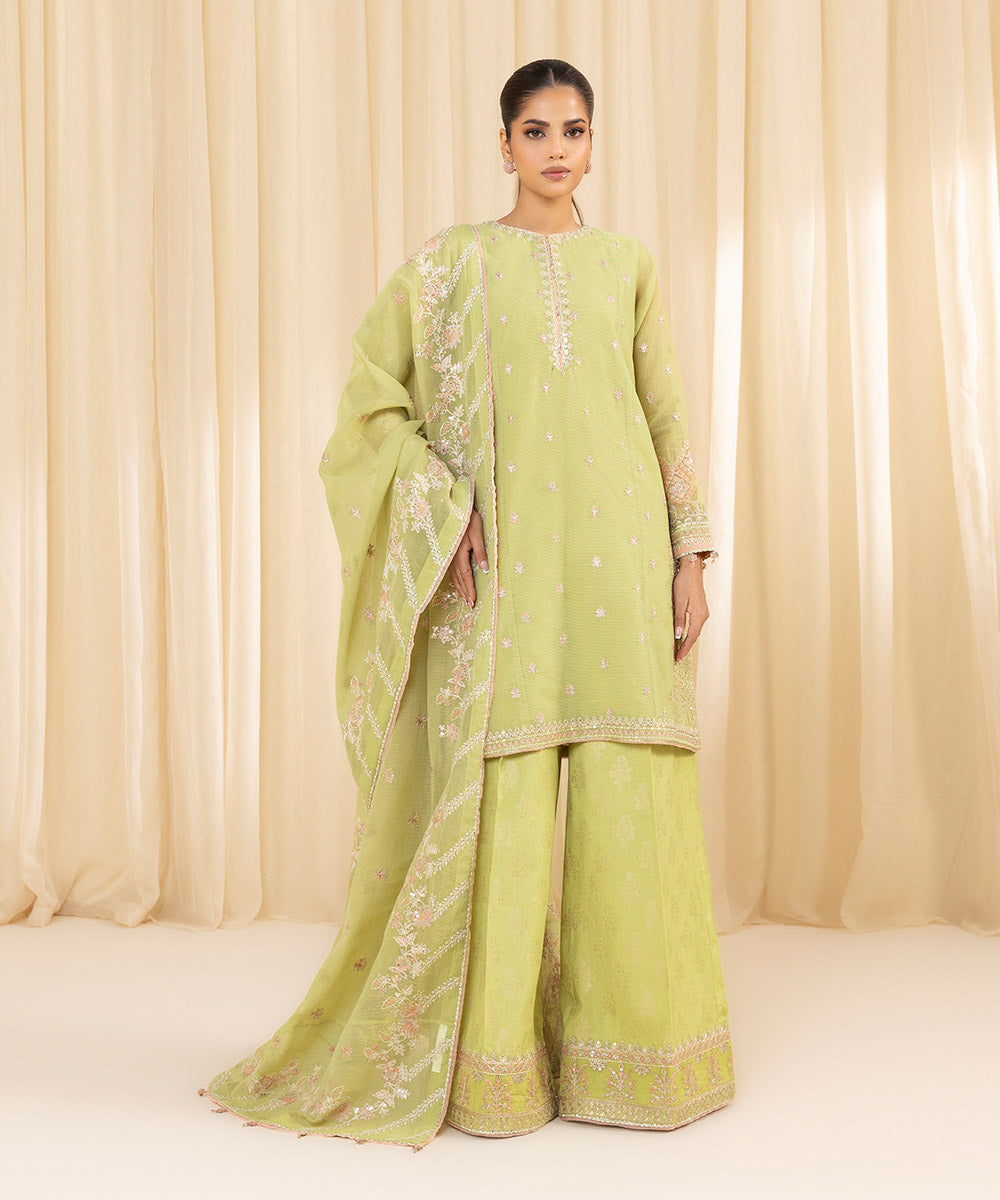 Women's Unstitched Embroidered Blended Textured Karandi Green 3 Piece Suit