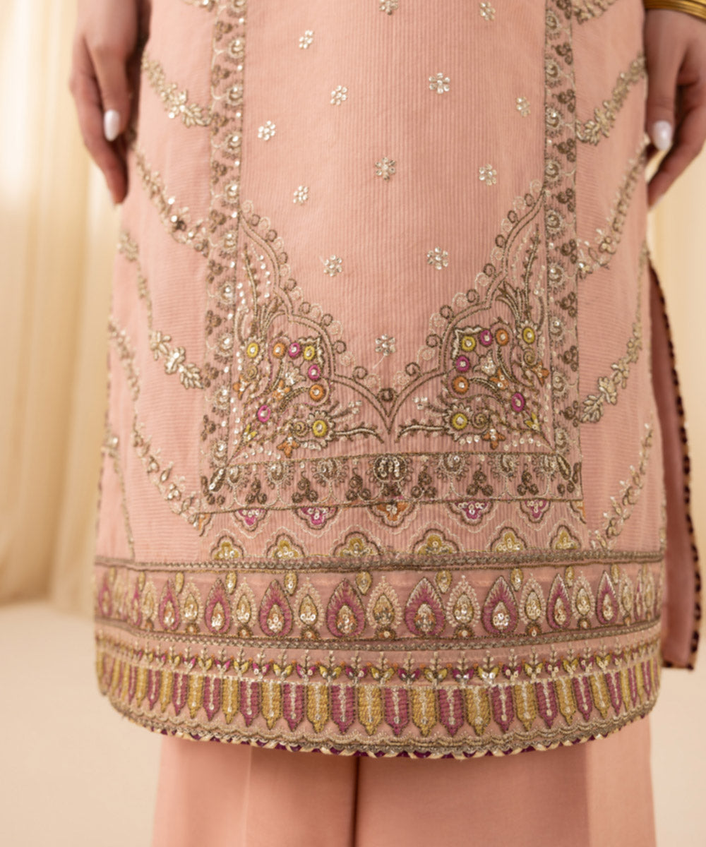 Women's Unstitched Embroidered Blended Textured Karandi Pink 3 Piece Suit