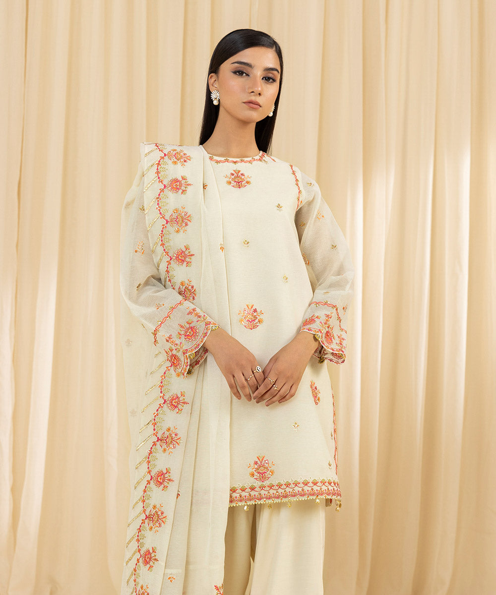 Women's Unstitched Embroidered Blended Textured Karandi Off White 3 Piece Suit