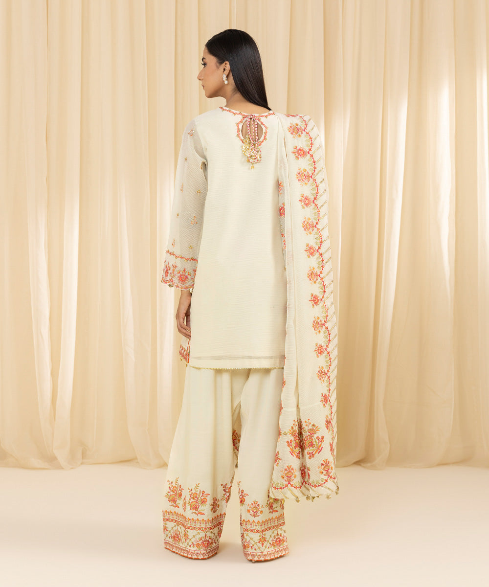 Women's Unstitched Embroidered Blended Textured Karandi Off White 3 Piece Suit